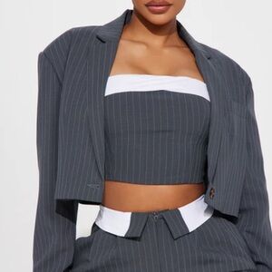 Pinstripe Cropped Blazer/Pant and Tube Top Set